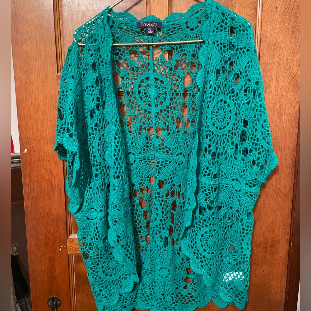 Roaman’s 22 / 24 / 1X Turquoise / Teal Medallion Crochet Cardigan Shrug NWOT